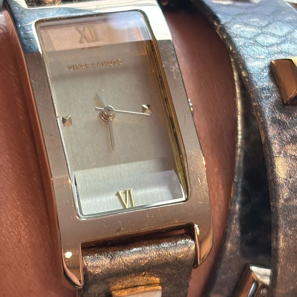 Vince Camuto Crystal Metallic Animal Print Leather Wrap Watch Working Condition​